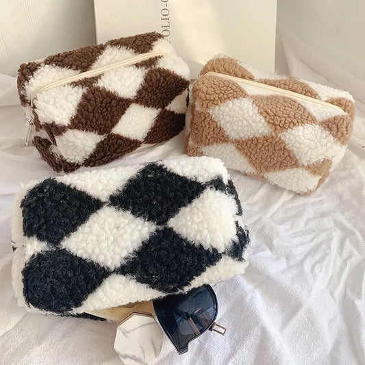 Checkered Plush Cosmetic Bag - Aesthetic Travel Pouch